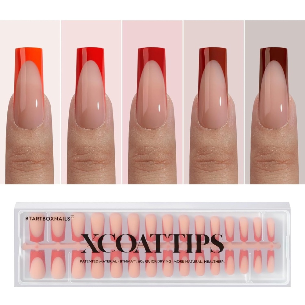 BTArtboxnails XCOATTIPS Red French Tip  Long Square Press On Nails